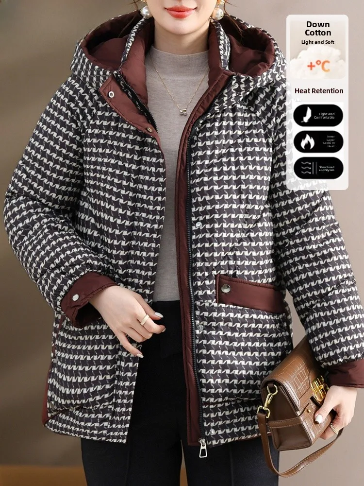 

Утепленная куртка для женщин среднего возраста: модное зимнее пальто с капюшоном, теплое, на хлопковой подкладке, из полиэфирного волокна