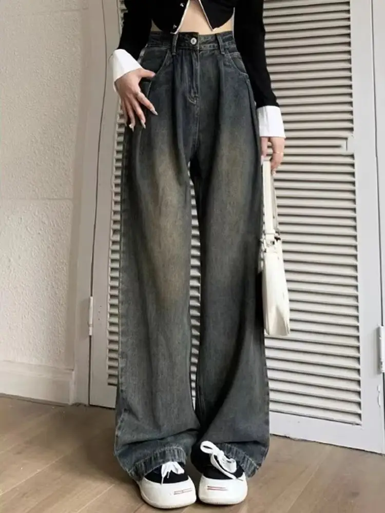 Spring Chicly Washed Vintage Straight Female High Waisted Jeans New Basic Simple Casual Classic Zipper Button Baggy Jeans Women