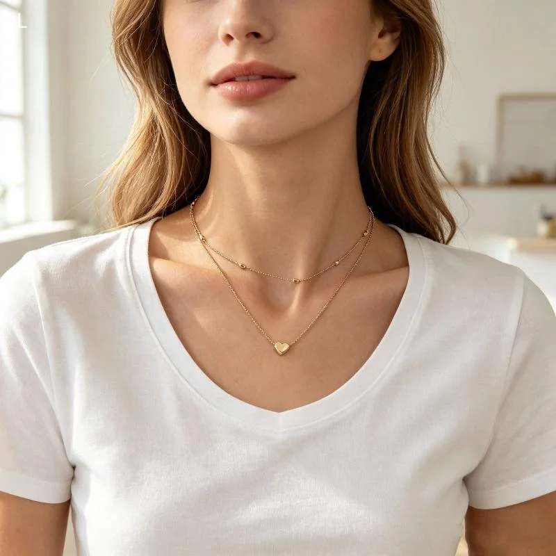 AttireTrove2pcs Exquisite Metal Heart-shaped Pendant Necklace Jewelry Layered Collarbone Chain For Women's Daily Dating