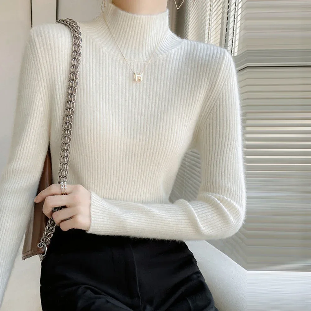 Women Pullover Sweater Black White Pink Coffee Blue Red Grey Apricot Color Sweaters Half Height Neck Elastic Shirt Girl Tops