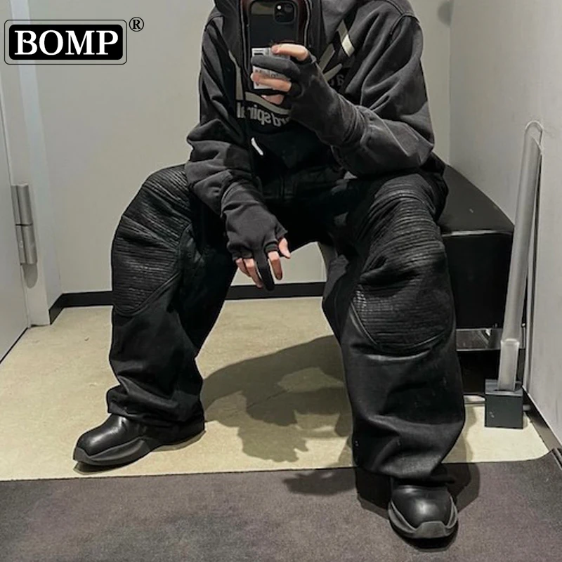 [BOMP] high street Project style coated waxed motorcycle armor pleated denim pants