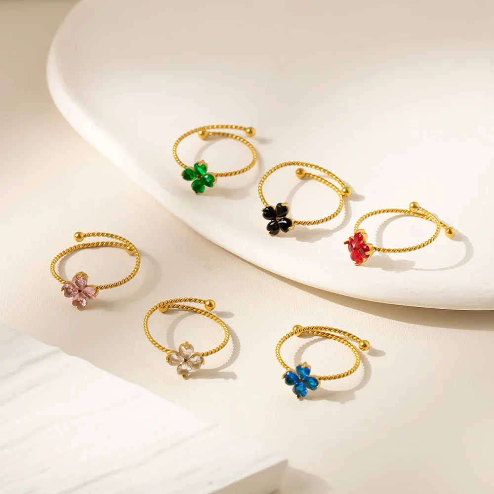 Mode Neue Edelstahl Zirkon Vier Kleeblatt Blume Ring Temperament Luxus Schmuck Öffnung Einstellbare Ring Frauen