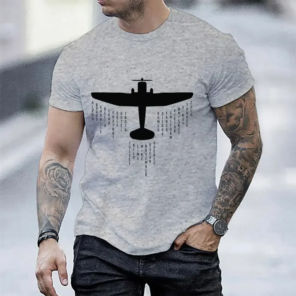 T-Shirts for Men Airplane Phonetic Alphabet Pilot Print Tee Shirts Homme Crewneck Short Sleeve T Shirt Funny Plus Size Clothes