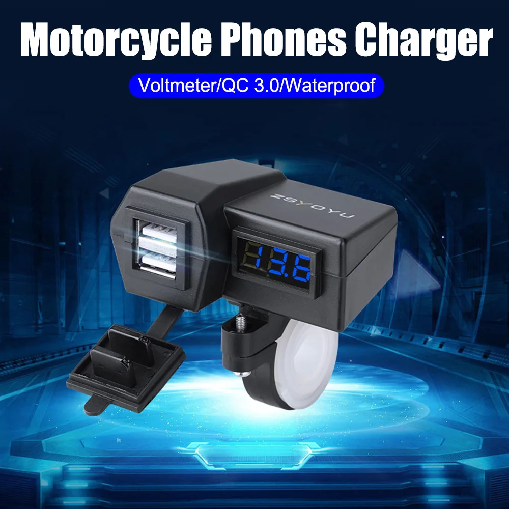 Carregadores USB para motocicleta 12-24V com voltímetro Divisor de capa à prova d'água portas duplas com fusível 25A 5V 3.6A Carga rápida 3.0