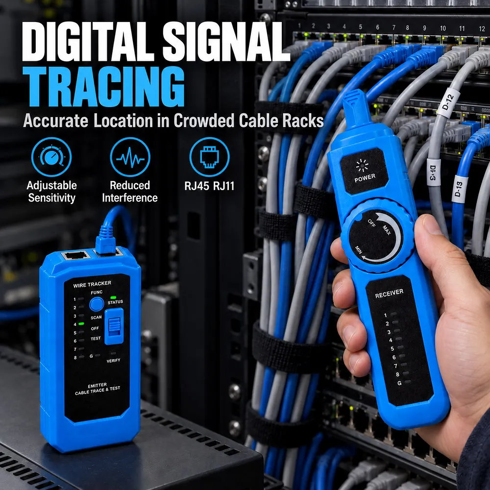 Network Cable Tracer Tester RJ45 RJ11 Digital Wire Finder LAN Telephone Line Locator CAT5 CAT6 PoE Burnout Protection