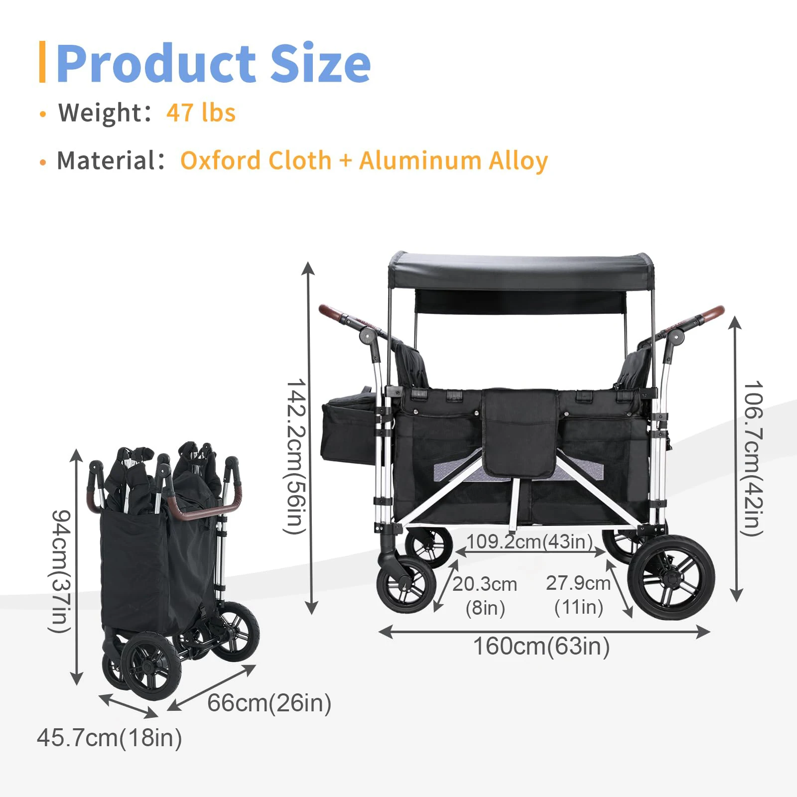 Stroller Wagon for 4 Kids Foldable Double Push Bar Wagon Cart Featuring 4 High Seat with 5-Point Harnesses and Adjustable Canopy