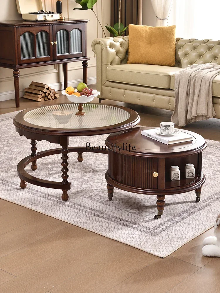 

23French solid wood coffee table combination home living room antique retro with storage small round tableL