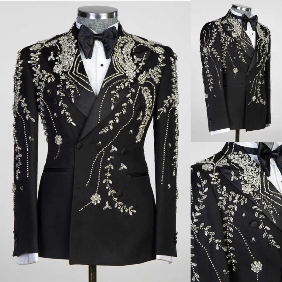 

Luxurious Men Suits 2 Pieces Set Double Breasted Diamond Crystals Wedding Groom Tuxedo Special Business Banquet Prom Customized