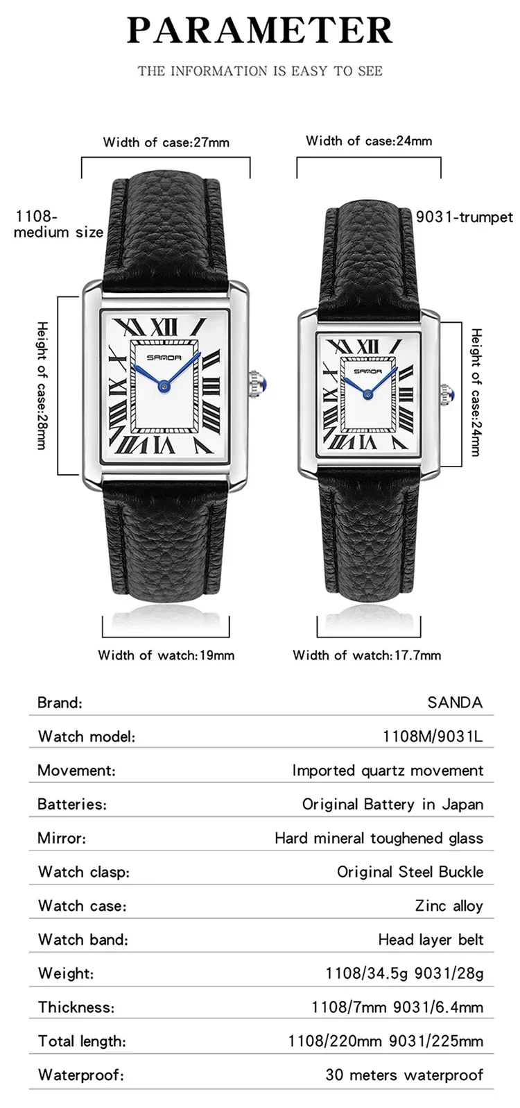 SANDA 9031/1108 Reloj de lujo para parejas correa de cuero resistente esfera cuadrada impermeable deporte Casual mujeres hombres relojes de cuarzo Reloj