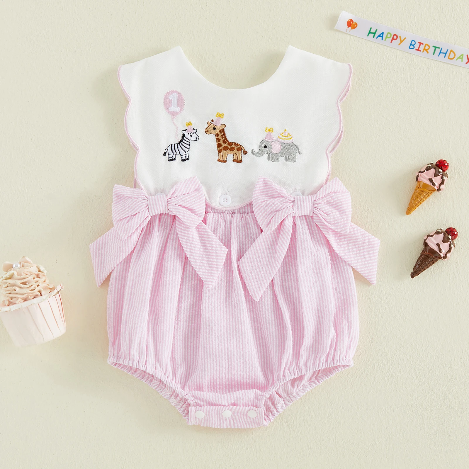 Baby Girls Birthday Day Romper Sleeveless Animal Embroidery Striped Patchwork Bodysuit with Bow