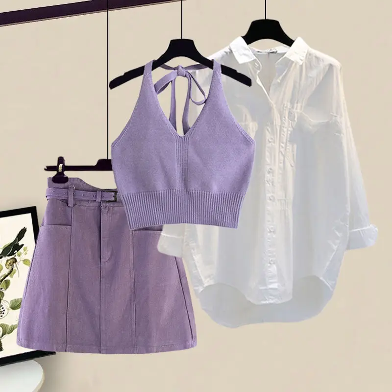 

Korean Version Reducing Age Gentle Sets for Women's 2023 Summer New Shirt Hanging Neck Strap Slimming Skirt Three Piece Set
