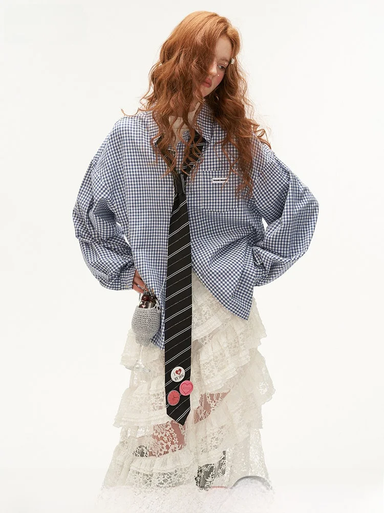 

MAMC Retro Plaid Blue irt Jaet Loose Casual Long Sve Top Faionable Autumn 2024 New Sle Women's Busin Casual irt