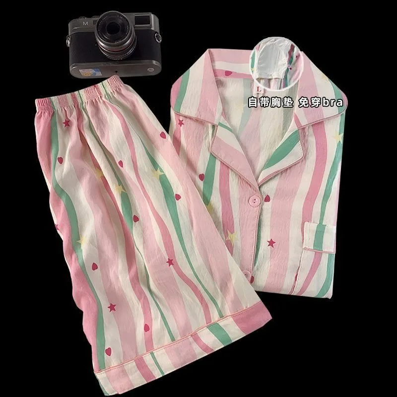 Pajamas with Breast Pad Summer Ladies Summer Short Sleeve Shorts Cute Luxury Printed Homewear Set Can Go Out Pajama Sets