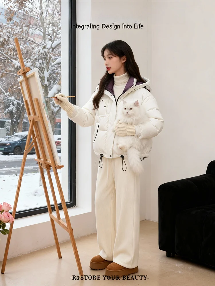 

Faionable Thiened Warmth Women's down Cotton Jaet Casual Sle Commute Korean Version Loose Fit Pure Color Zipper Closure