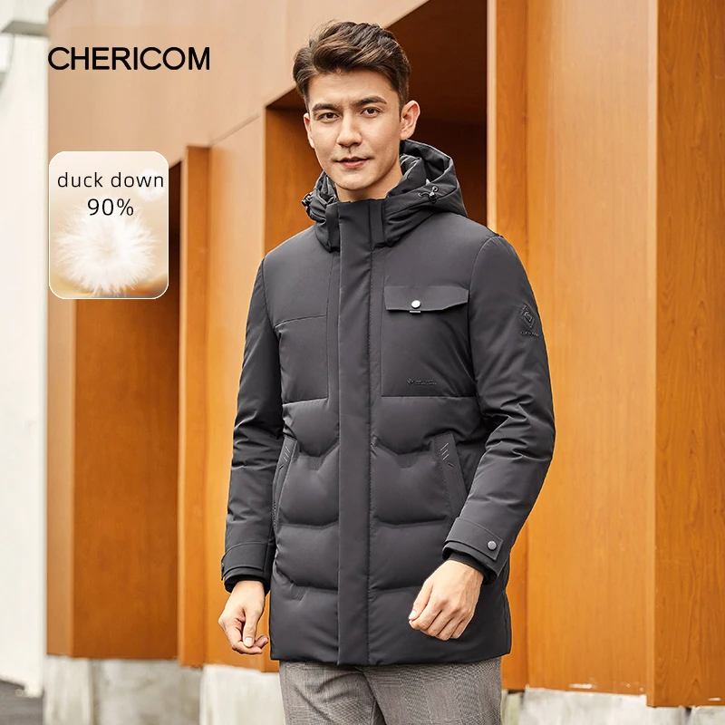 Chericom Winter Men's Hooded Thickened Down Jacket Tooling Waterproof Warm Puffer Coats Solid Color Casual Padded Jacket 279659