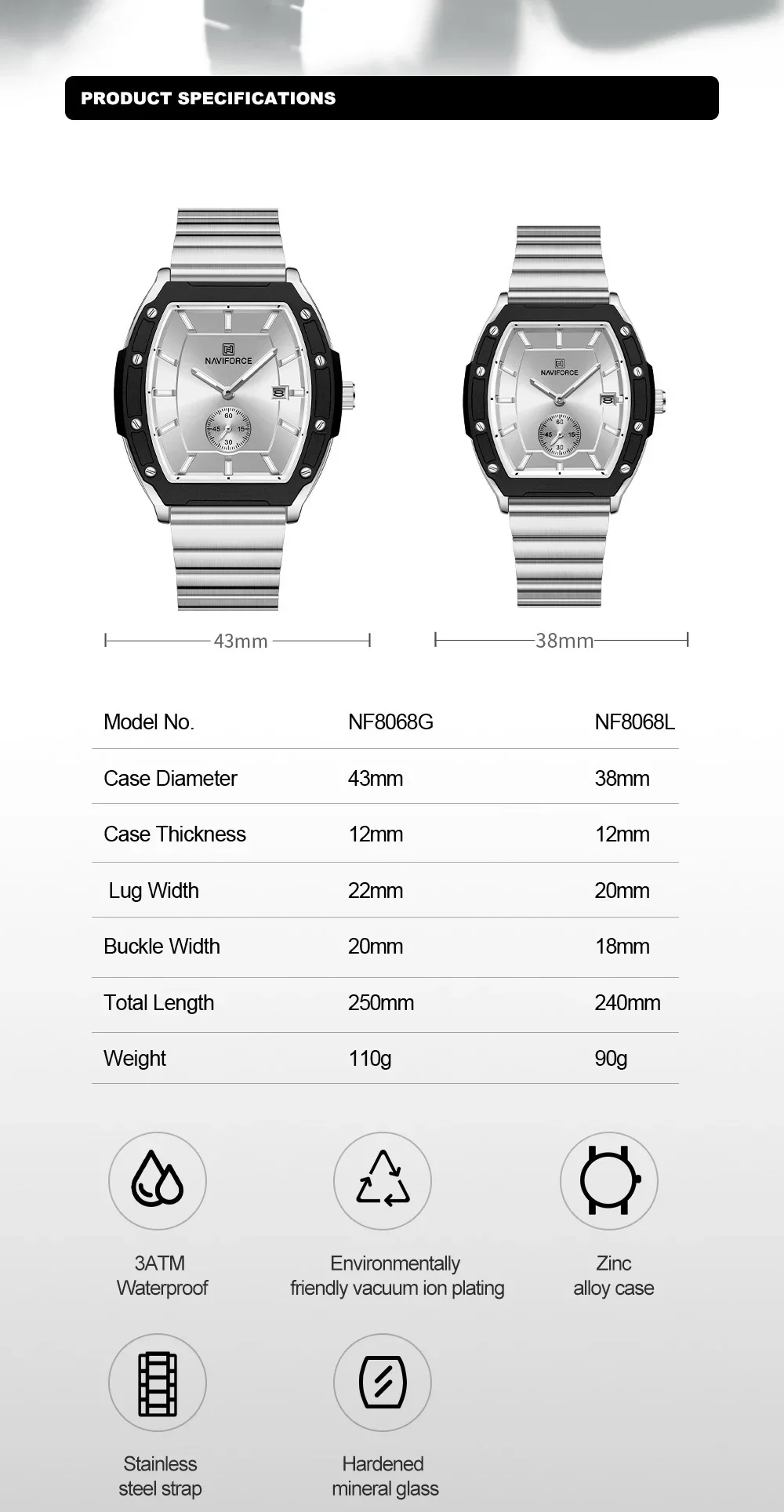 NAVIFORCE NF8068 恋人のファッション高級スポーツクォーツスクエアスチールバンド防水合金クリスタルカジュアルカップル時計