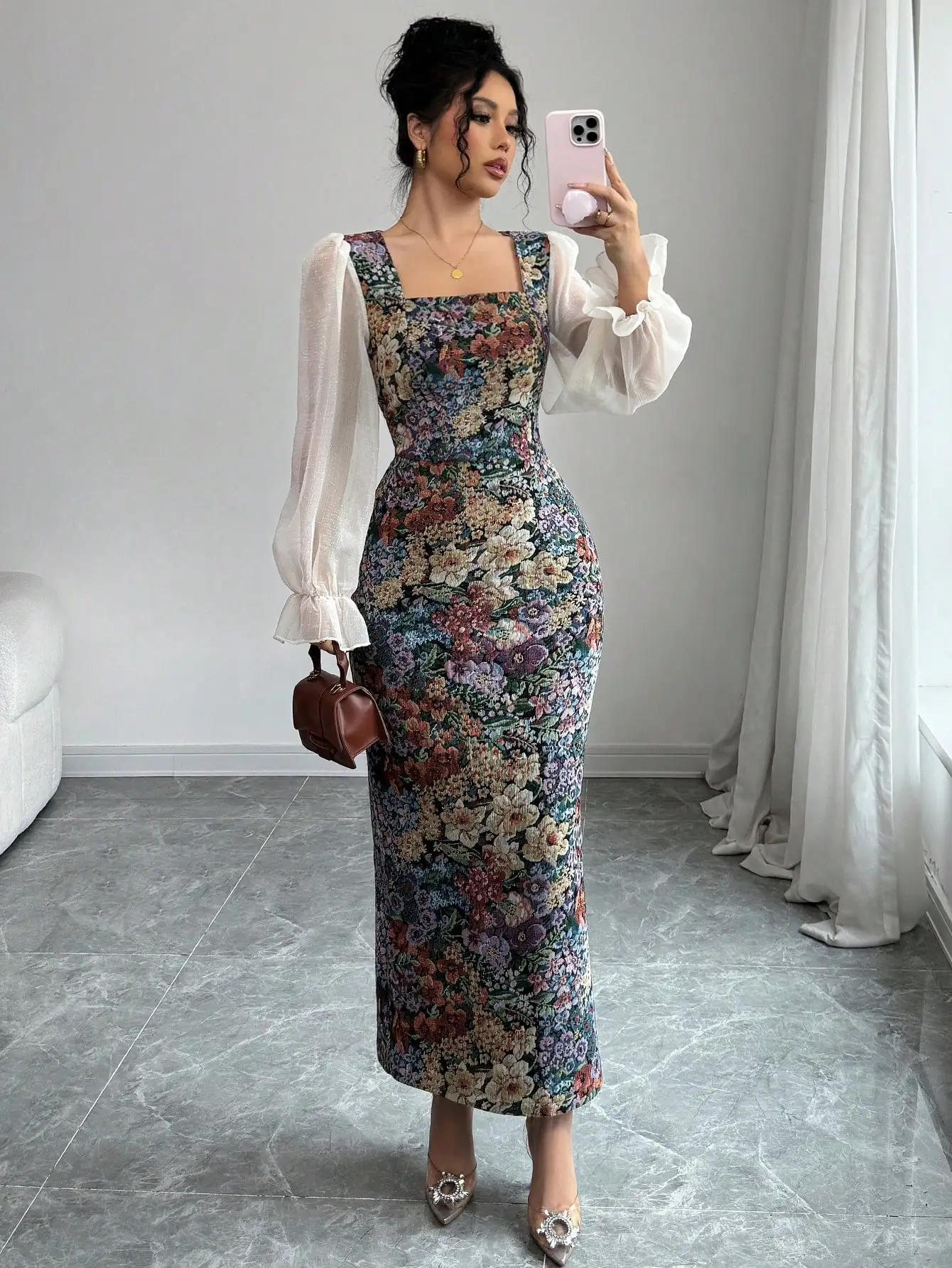Women's Elegant Chiffon Patchwork Print Square Neck Waist Cinched A-Line Long Dress