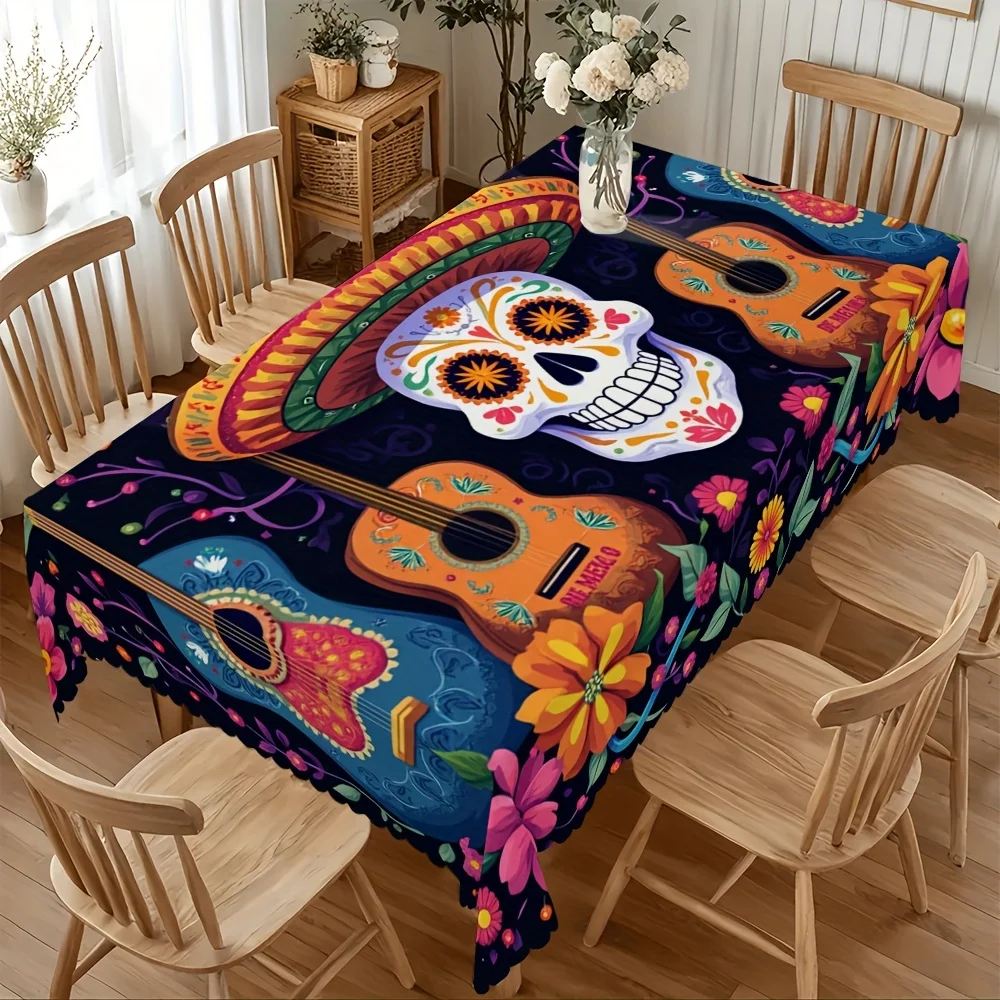 Mexican Day of The Dead Tablecloth Mexico Sugar Skull Floral Guitars Dia De Los Muertos Table Cloth for Table Fiesta Party Decor