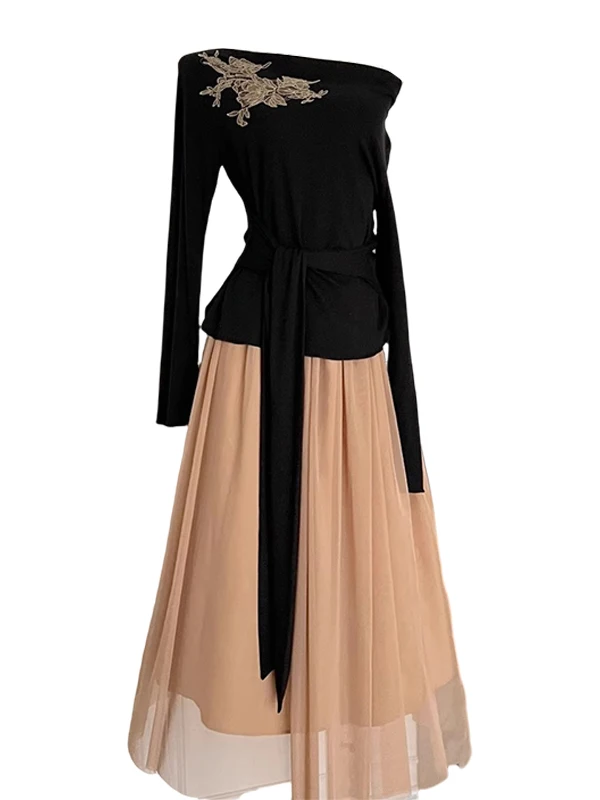Ele Long Sve Embroidered Knitwear Me Waist-Cinching Top And Skirt Set Autumn Faion Casual Youth Universal Fit