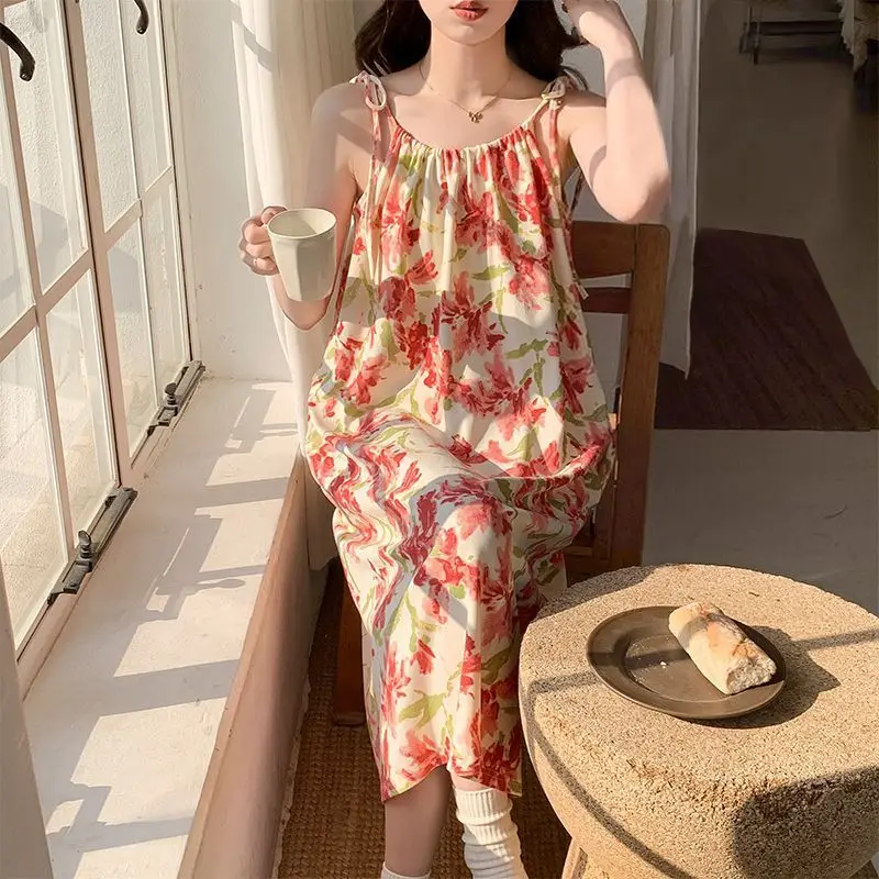 

Подходящая ночная рубашка с цветочным принтом для женщин, летнее платье средней длины, домашняя одежда в корейском стиле, летние пижамы, сексуальные ночные рубашки, сорочка