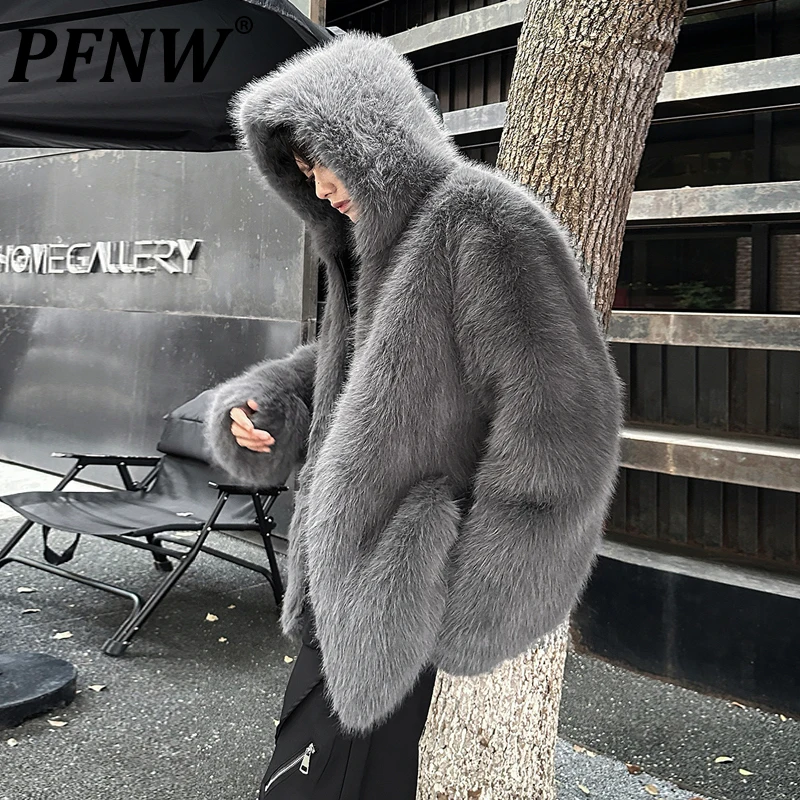 PFNW Autumn Winter Trend 2024 New Men's Grey Thick Hooded Warm Faux Fur Jackets Loose Caual Zipper Cotton-padded Coat 12C1890