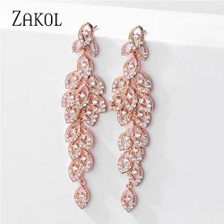 ZAKOL Luxury Cubic Zirconia Long Leaf Shape Dangle Earrings for Women Bride Romantic Bridesmaid Wedding Jewelry