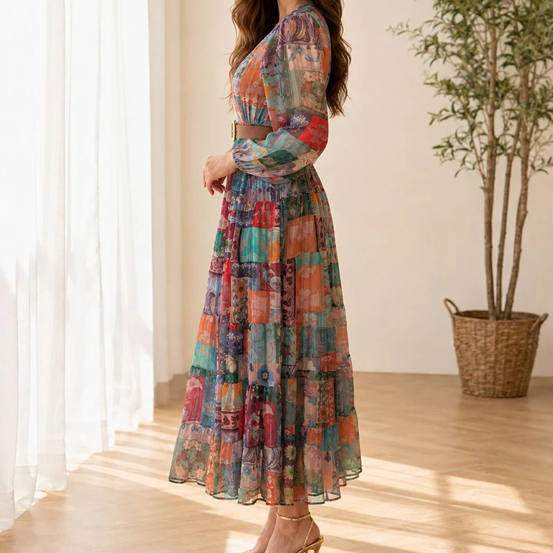 Women Casual Long Sleeve Daped Party Dress 2026 Fashion Pattern Print Long Dress Elegant V-Neck With Belt Chiffon Vacation Dress