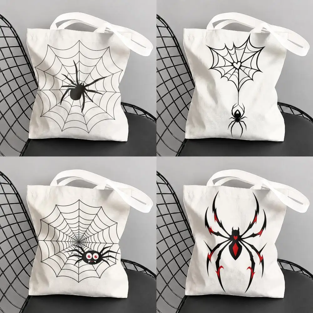 Halloween Spider Storage Bags Canvas Tote Bag Large Capacity Reusable For Shopping Commute Grocery Shoulder Bag Gift