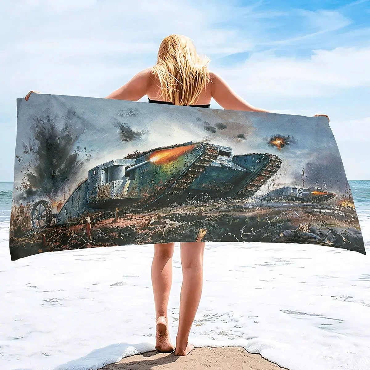 Custom Beach Towel Oversized,Thick Sand Free Microfiber Beach Towel Tank Print, Super Absorbent Quick Dry Swim Beach Towels For