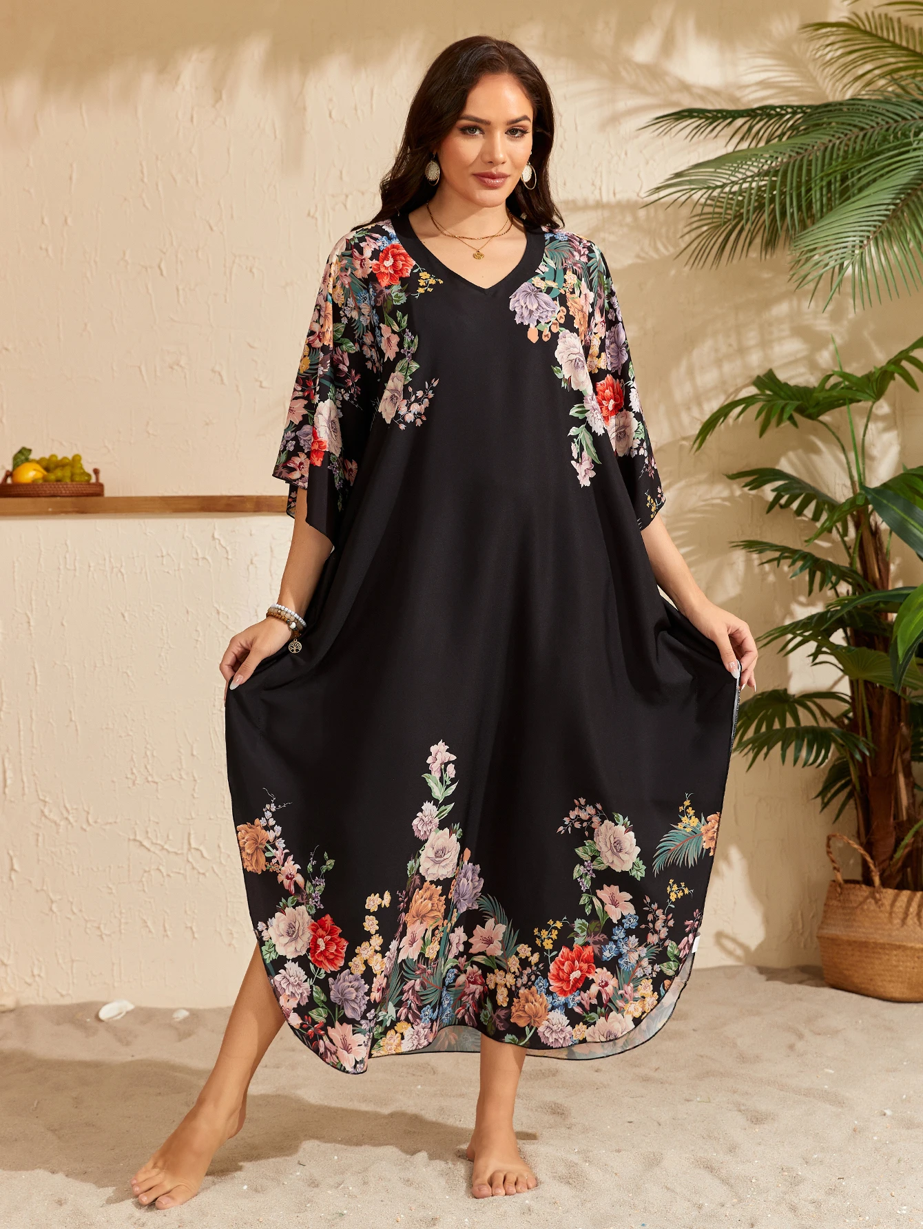 

MAKABO Kaftan Dresses for Women, V Neck Moo Moos Colorful Print Cover Ups Caftan Beach Dresses for Swimwear