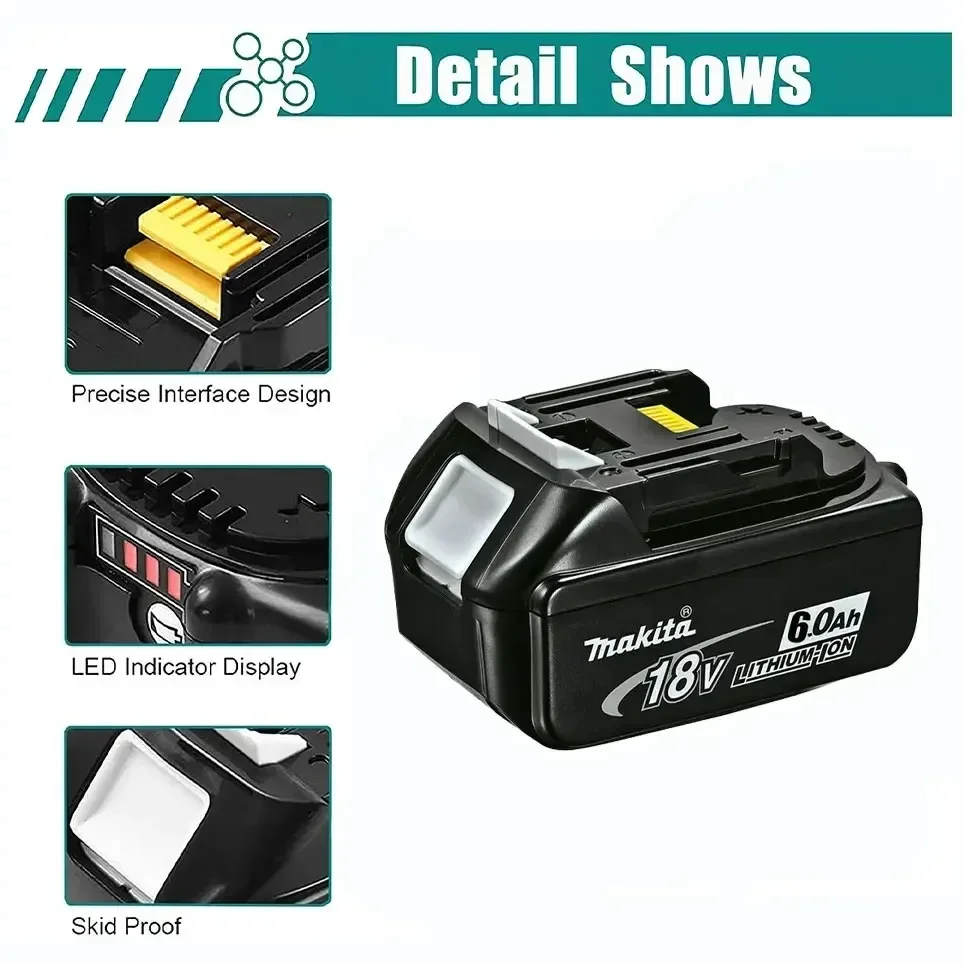 Makita-Original Lithium Ion bateria de substituição com LED, 18V, 6.0Ah, LXT, BL1860B, BL1860, BL1850, ferramenta elétrica recarregável, 6000