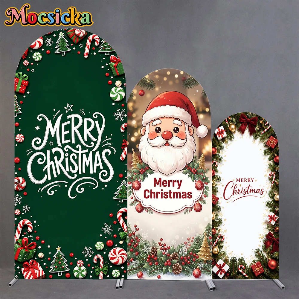 Mocsicka Arch Backdrop Cover Santa Claus Merry Christmas Pine Wreath Frame Gifts Arched Photography Background Xmas Party Decors