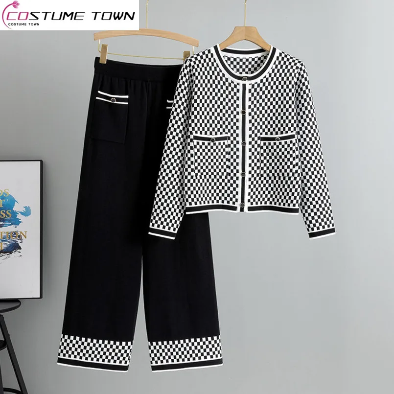 

Checkered Sweater Set for Women's Spring and Autumn New Fashion Casual Plaid Wide Leg Pants Knitted Two-piece Set