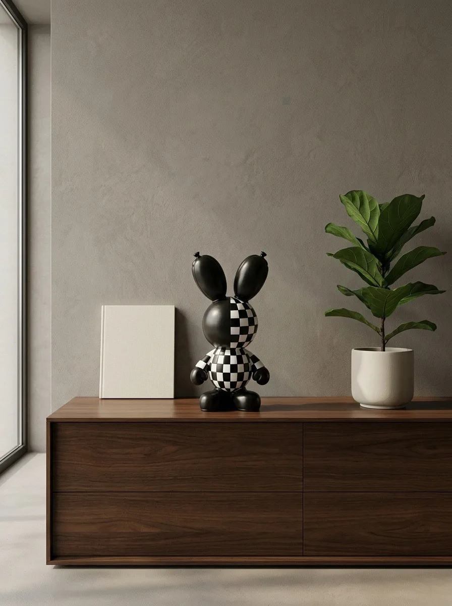 Black and white checkered balloon rabbit resin craft decoration for entryway, TV cabinet, bedroom, living room, auspicious home ornament