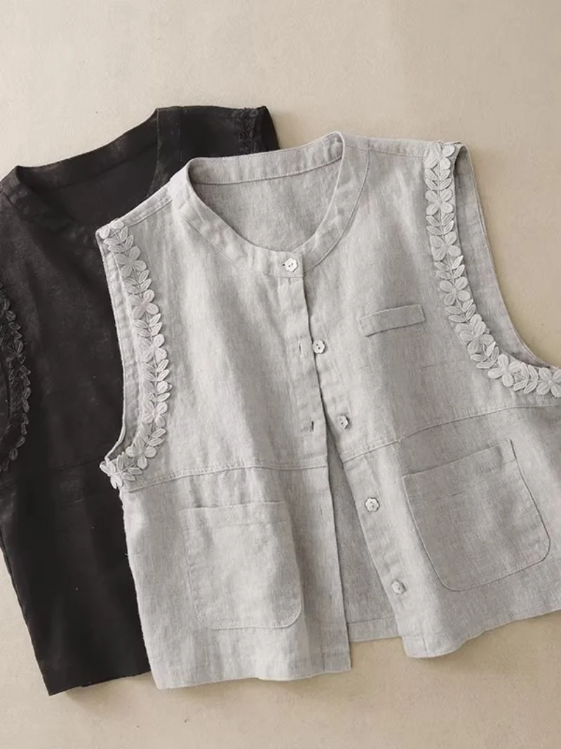 2026 Summer Linen Vest for Women Retro Patchwork Lace Sleeveless Tank Top Japanese Simple Layering Casual Loose Fit J030