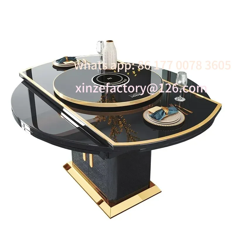 

Customizable Black Dining Tables Tempered Glass Smart Heating Modern Luxury Extendable Round Table Chairs Set 6 with Induction