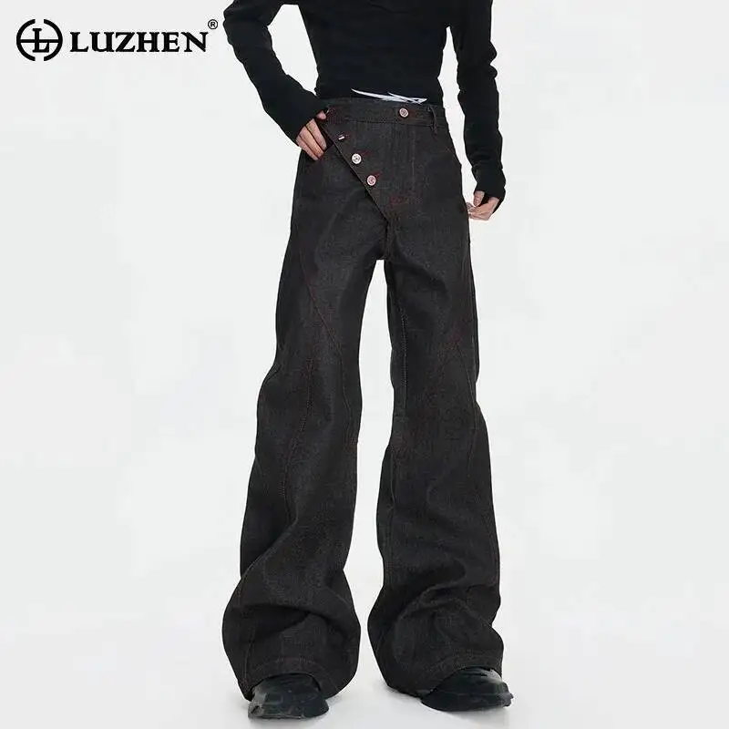 LUZHEN Original Buttoned Slant Straight Design Personalized Patchwork Jeans 2026 Men's Trendy Loose Wide Leg Denim Pants JY7744