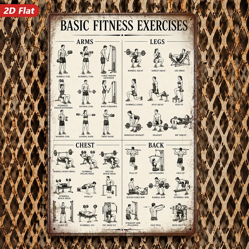 2D Flat, 1pc Metal Sign Wall Art, Vintage-Style Home Decor, Basic Fitness Exercises Illustration, Ideal for Gym, Home Gym, Safe