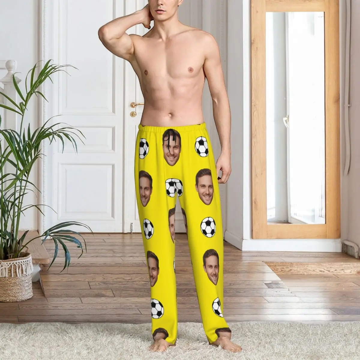 Celana Piyama Kustom Motif Wajah Sepak Bola untuk Pria Desain Foto Personal Celana Tidur Santai Bahan Stretch dengan Kantong
