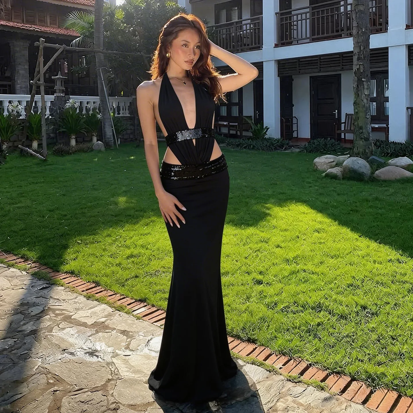 Women Black Halter Sequin Waist Cutout 2-Piece Evening Gown with Deep V-Neck Bodysuit and Mermaid Maxi Skirt for Prom Party view 3