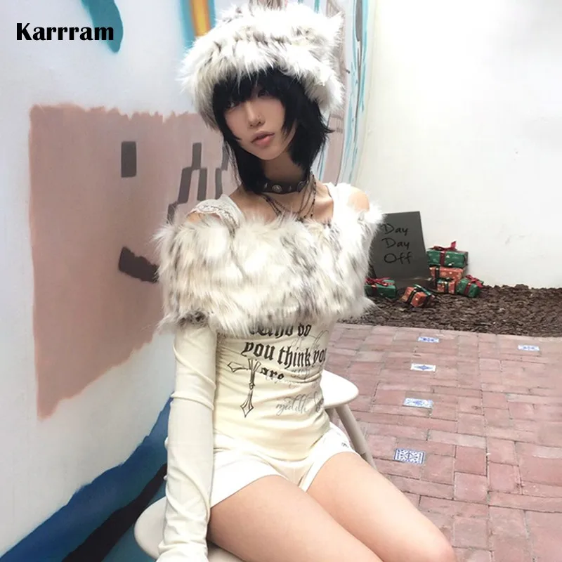 Karrram Japanese Y2k Fur Collar Tops 2000s Aesthetics Off Shoulder Knit Tops Vintage Harajuku Letter Print Long Sleeve T-shirt