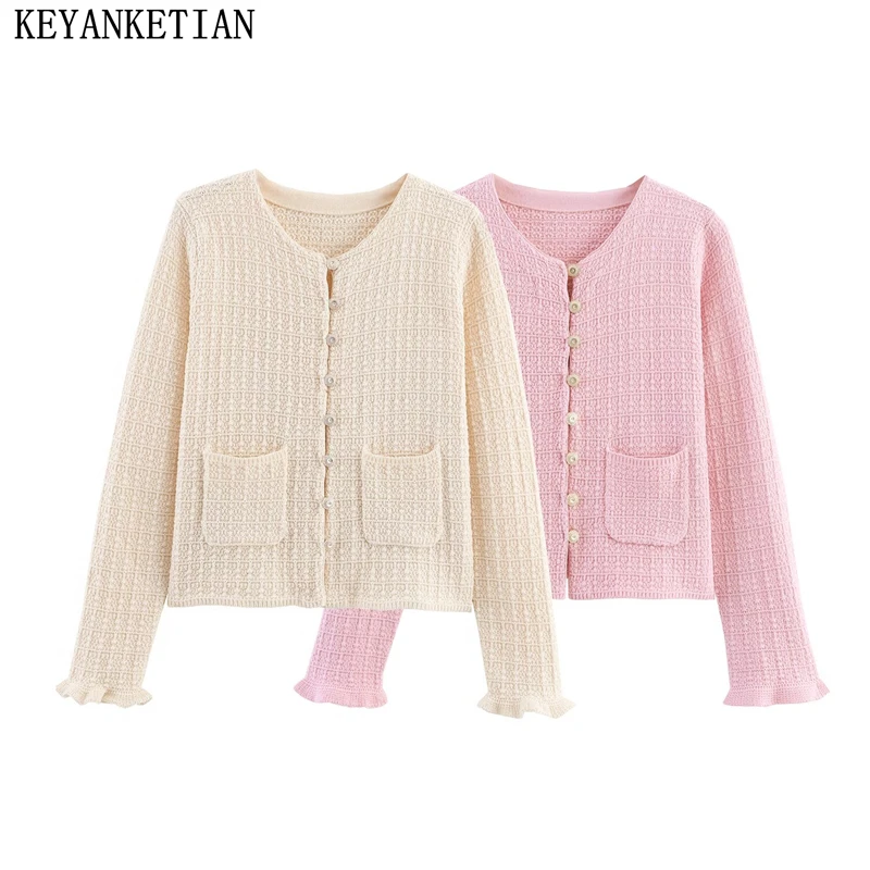 

KEYANKETIAN осенний новый женский однобортный вязаный кардиган с круглым вырезом и расклешенными рукавами, двойным карманом, женский свитер, куртка