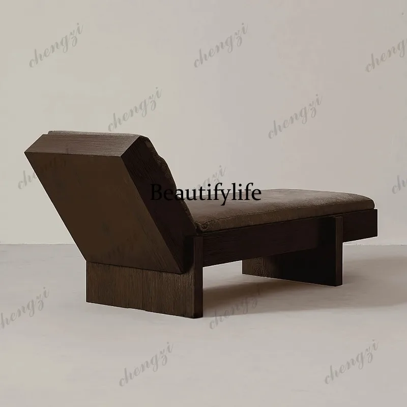 Medieval solid wood sofa leisure reclining chair, wabi-sabi balcony model room leisure lazy reclining chair