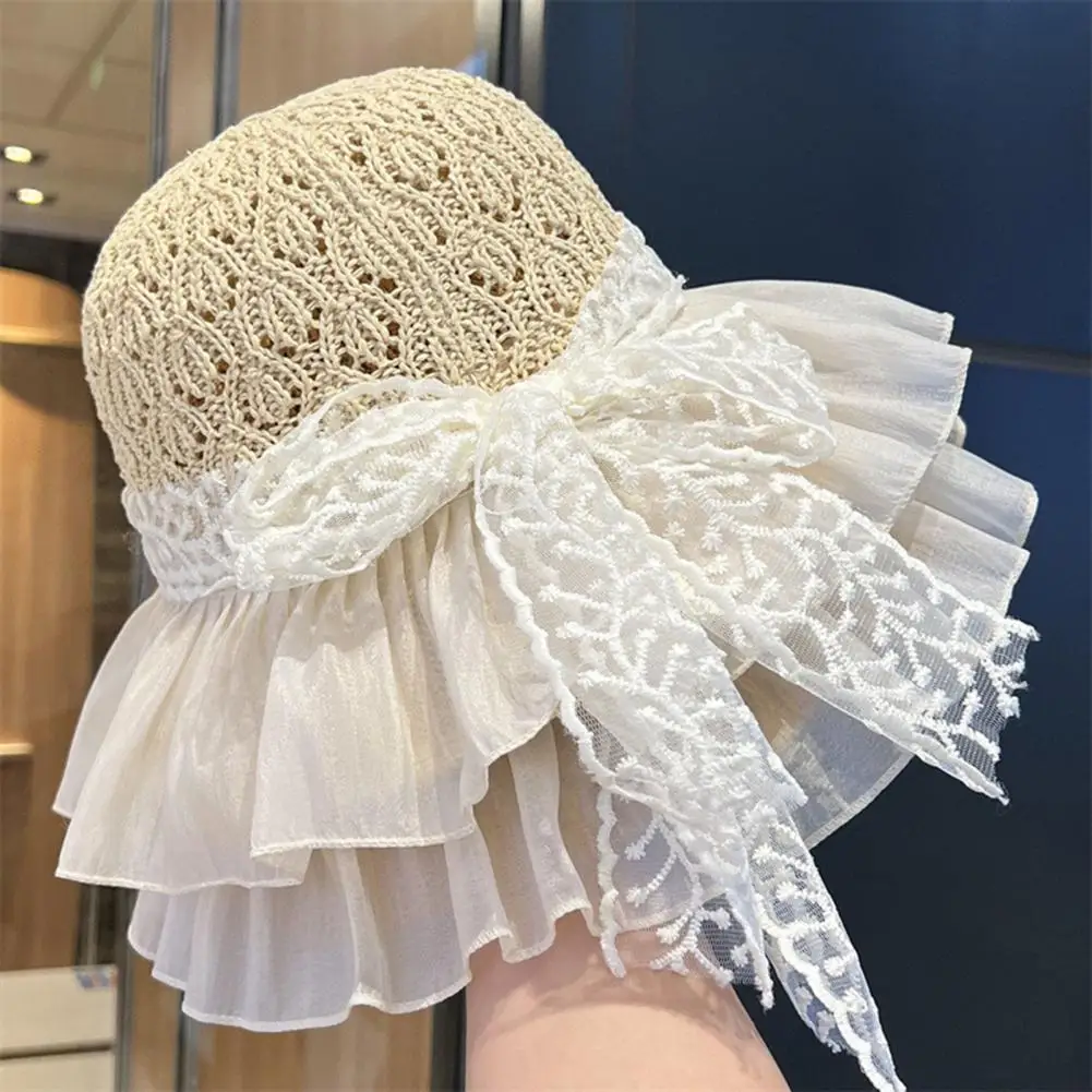 Foldable Summer Hat for Women Wide Brim Straw Hat for Women Foldable Beach Sun Hat with Ruffle Bow Breathable Summer Vacation Uv
