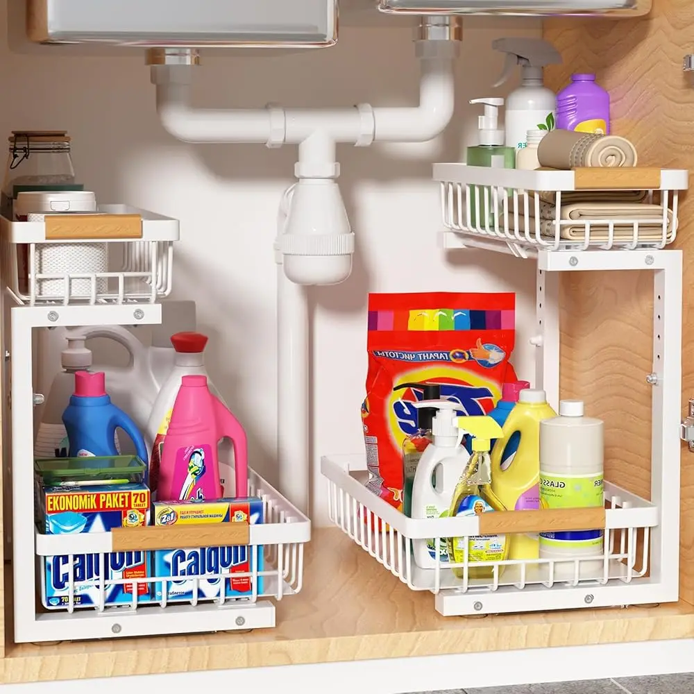 

Under Sink Organizer 2 Pack, 2 Tier Slide Out Under Sink Organizers And Storage, Height Adjustable Pull Out Cabinet Drawers,