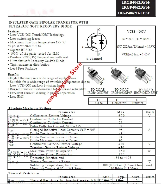 IRGB4062DPBF TO-220 100%new imported original GB4062D IRGB4062D IRGB4062 INSULATED GATE BIPOLAR TRANSISTOR IGBT diode 600V 48A