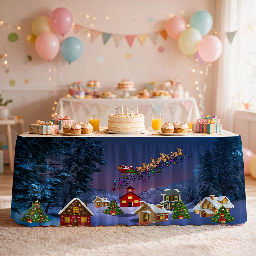 1-Piece Christmas Santa Sleigh Cottage Print Pie a Tablecloth Table Skirt for a Pie Event
