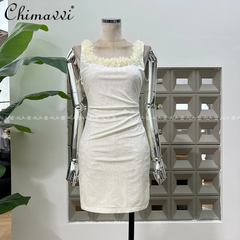 

French Elegant Fashion Socialite Mesh 3D Flower Beaded Square Neck Sleeveless High Waist Slim Fit Bodycon Short Dress For Women