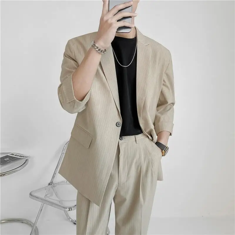 (Blazers + Pants) 2024 Fashion Summer Seven Point Sleeve Stripe Casual Coat Men Single-breasted Simple Loose Suits 2 Piece Set