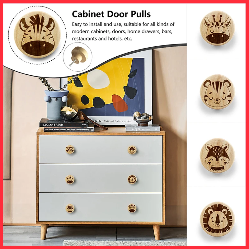 Eco-Friendly Wooden Engraved Animals Pattern Dresser Drawer Knobs Cabinet Pull Nature Wood Kids Children Room Furniture Handles